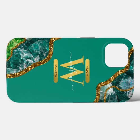 Coques Case-Mate iPhone Emerald Green & Gold Agate Géode Monogramme (Verso (horizontal))