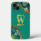 Coques Case-Mate iPhone Emerald Green & Gold Agate Géode Monogramme (Verso)