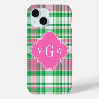 Coque Pour iPhone 15 Emerald Green Hot Pink Wht Preppy Madras