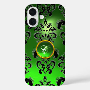 Coques iPhone 16 EMERALD VERT BLACK DAMASK GEM MONOGRAM Floral