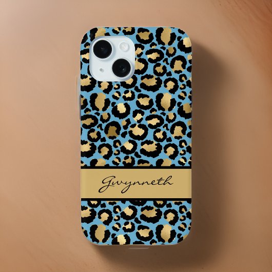 Coques Case-Mate iPhone Empreinte de léopard Black Gold bleu avec votre no