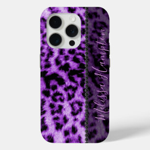 Coque iPhone 15 Pro Empreinte de léopard pourpre et diamants noirs - A