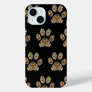Coque Pour iPhone 15 Empreinte de patte avec éclat de léopard doré et n