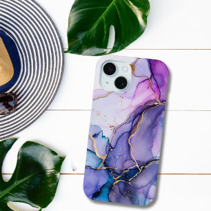 Coque Pour iPhone 15 Encre à alcool Marbre Aquarelle Or Bleu Violet
