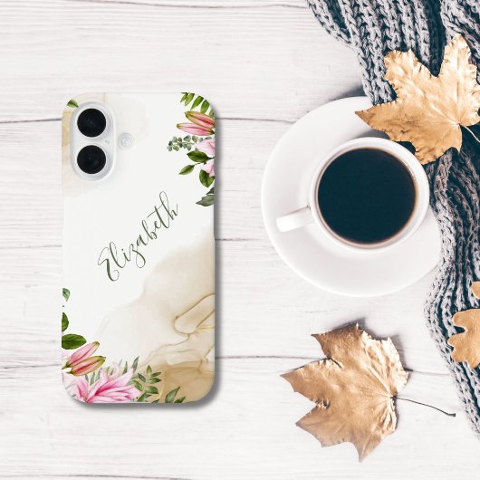 Coques Case-Mate iPhone Encre alcoolique florale rose vert or Monogram