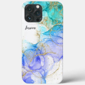 Coques Case-Mate iPhone Encre d'alcool turquoise et or et votre nom (Verso)