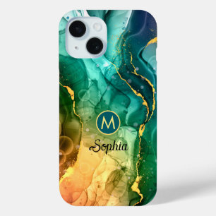 Coque Pour iPhone 15 Encre liquide jaune Turquoise bleu foncé, Monogram