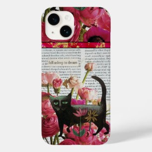 Coque Pour iPhone 14 Endormez-vous pour rêver Chat noir Fleurs roses ch