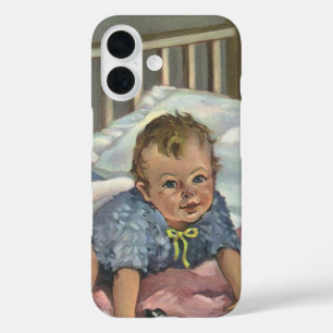 Coques iPhone 16 Enfant vintage, Bébé mignon Jouer dans le lit, Tem