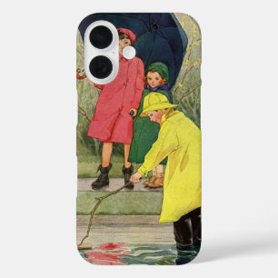 Coques iPhone 16 Enfants Vintage Jouant dans les Flaques d'Eau "Une