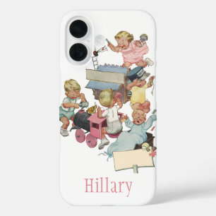 Coques iPhone 16 Enfants vintage s'amusant à jouer avec des trains 