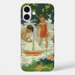 iPhone 16 Plus Case Enfants vintages Jouer Jouet Bateaux à voile Étang