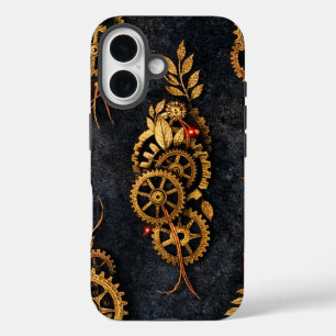 Coques iPhone 16 Engrenages dorés vintage et néon rouge Cyberpunk m