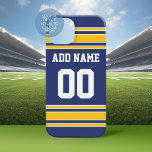 Coque Pour Pour iPhone 14 Pro Max Équipe Jersey avec nom et numéro personnalisés<br><div class="desc">Couleurs bleues et jaunes — Si vous êtes propriétaire d'une équipe de football d'Imaginaire,  fabriquez vos propres produits et montrez-les à vos amis! Ou - Jouez-vous au football du lycée et voulez un memento? Ce design jersey est parfait pour tous ceux qui pratiquent le sport.</div>