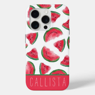 Coque iPhone 15 Pro Eté Rouge Vert pastèque Motif d'aquarelle