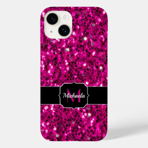Coque Pour iPhone 14 Étincelles rose chaud fausse Monogramme paillettes