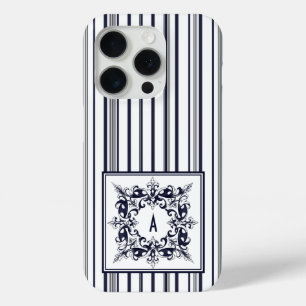 Coque iPhone 15 Pro Étiquette Vintage et monogramme de la bande bleue