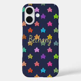 Coques iPhone 16 Étoiles colorées de Doodle Fun sur Bleu Personnali