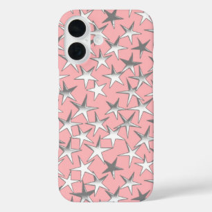 Coques iPhone 16 Étoiles d'argent, sur rose coquille