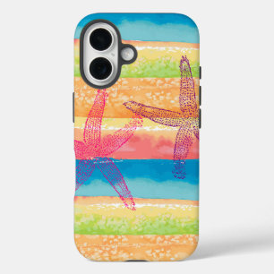 Coques iPhone 16 Étoiles de mer rayures aquarelles colorées