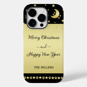 Coque Pour iPhone 14 Pro Etoiles de Noël brillantes or, pattes sur or et no