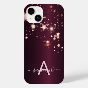 Coque Pour iPhone 14 étoiles d'or rose de Bourgogne monogramme girly ch