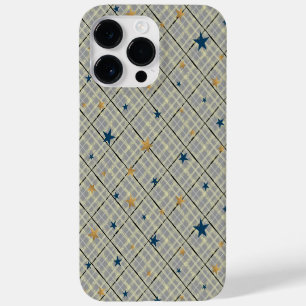 Coque Pour Pour iPhone 14 Pro Max Étoiles dorées et bleues sur un fond à carreaux gr