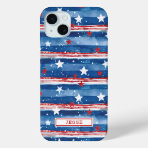 Coque iPhone 15 Mini Étoiles et bandes patriotiques monogrammées