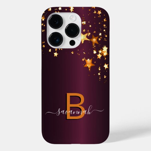 Coques Case-Mate iPhone Étoiles or Bourgogne monogramme nom script (Verso)