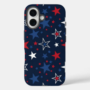 Coques iPhone 16 Étoiles patriotiques sur motif sans couture bleu m