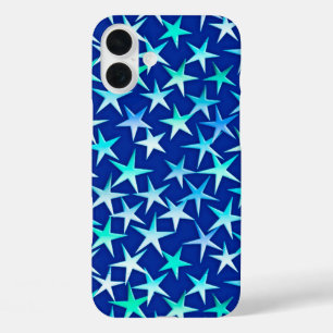 Coques iPhone 16 Plus Étoiles satinées, bleu pâle sur cobalt