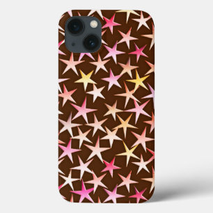 iPhone 13 Case Étoiles satinées, roses sur fond chocolat