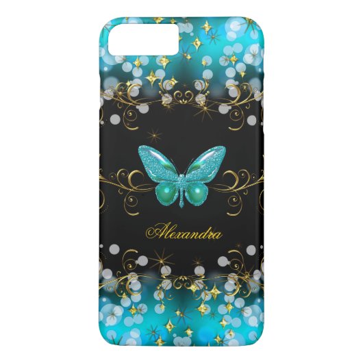 Coques Case-Mate iPhone Exotic Turquoise Blue Gold Black Butterfly Sparkle (Dos)
