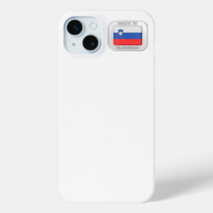 Coque iPhone 15 Mini Fabriqué en Slovénie, badge en argent avec le nati