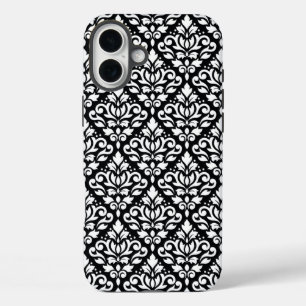 Coques iPhone 16 Plus Faire défiler Damask blanc sur le Motif noir