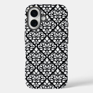 Coques iPhone 16 Faire défiler Damask blanc sur le Motif noir