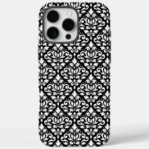 Coques iPhone 16 Pro Max Faire défiler Damask blanc sur le Motif noir