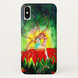 Coque iPhone X FAIRY DREAMING SUR LA FLEURS ROUGE vert jaune