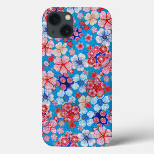 iPhone 13 Coque Falln Blue Cascading Floral Chirimen