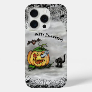 Coque iPhone 15 Pro Fantôme, Chat, Chat et Citrouille, Bonne Halloween
