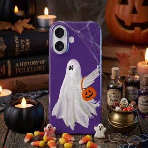 Coques iPhone 16 Fantôme de Trick Or Treating avec seau de bonbons