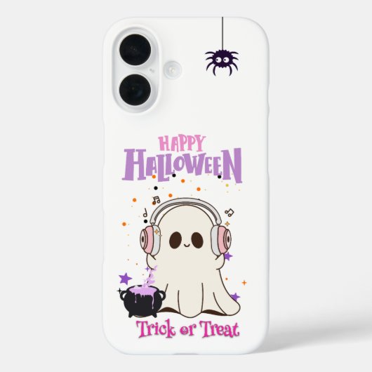 Coques Case-Mate iPhone Fantôme mignon avec casque Halloween iPhone 16 (Verso)