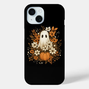 Coque Pour iPhone 15 Fantôme mignon avec Citrouille et fleurs d'automne