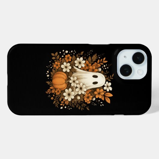 Coques Case-Mate iPhone Fantôme mignon avec Citrouille et fleurs d'automne (Verso (horizontal))