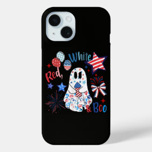 Coque Pour iPhone 15 Fantôme rouge blanc Boo patriotique Halloween du 4