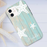 Case-Mate iPhone Case Faux Beach en bois Starfish personnalisé<br><div class="desc">Flamme de plage bleue tropicale défoncée avec trois étoiles de mer et étui téléphonique personnalisé.</div>