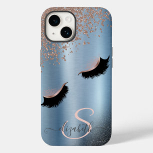 Coque Pour iPhone 14 Faux Cils Noir Paillettes Diamants Or Rose, Bleu
