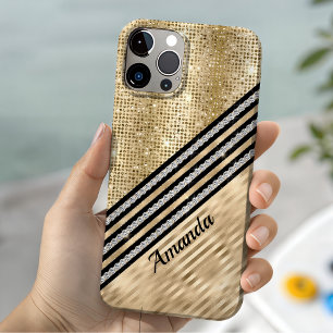 Coque Pour iPhone 14 Faux cristal élégant et paillettes dorées Personna