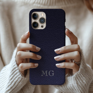 Coques iPhone 16 Faux cuir bleu foncé initiales monogrammées blanch