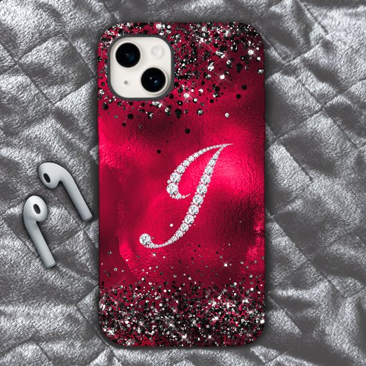 Coques Case-Mate iPhone Faux de cristal lettre de strass J rouge noir